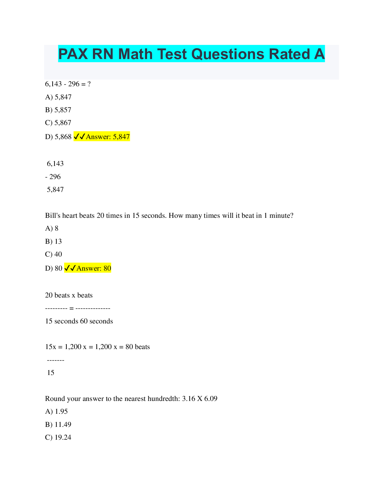 PAX RN Math Test Questions Rated A. 2022/2023 Browsegrades